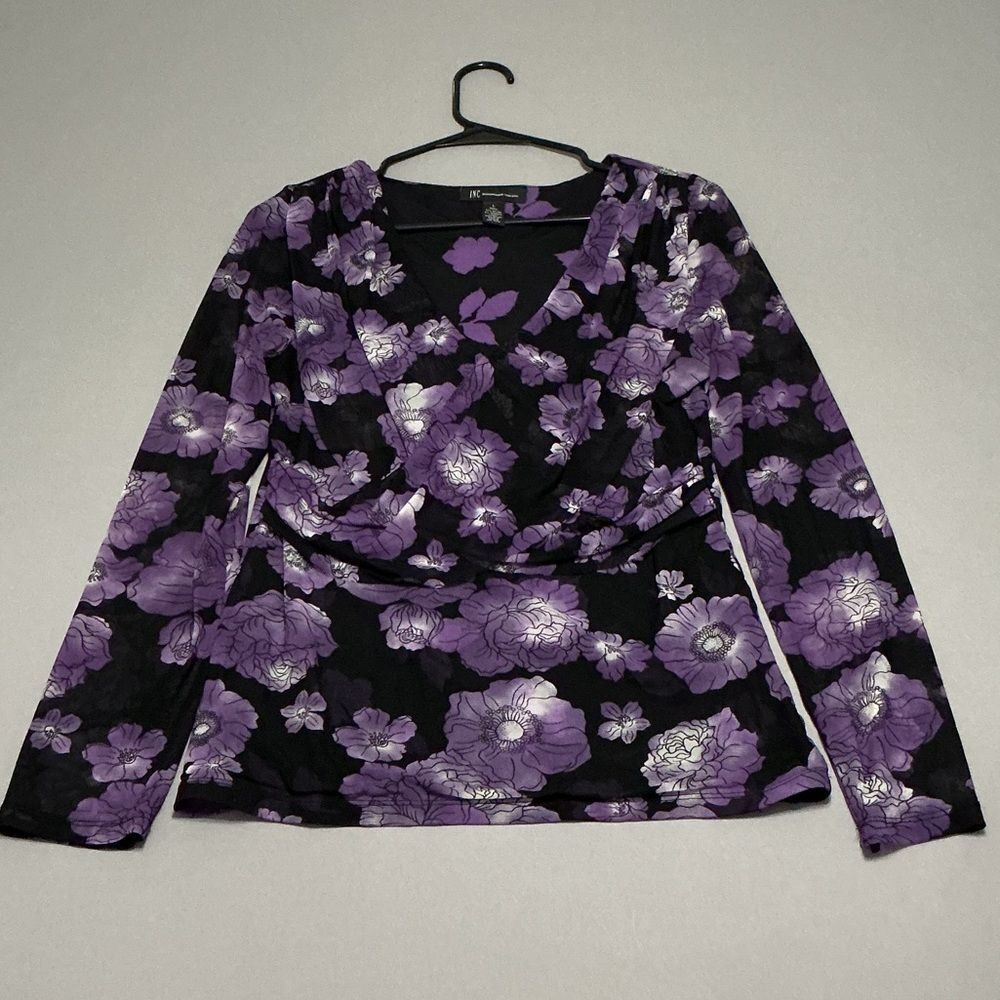 INC International Concepts Black and Purple Floral Blouse
